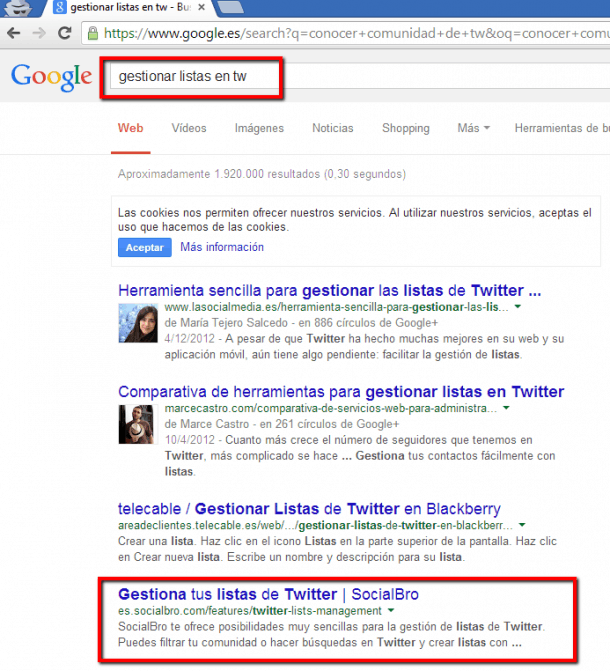 Búsqueda gestionar listas en tw SocialBro Socialancer