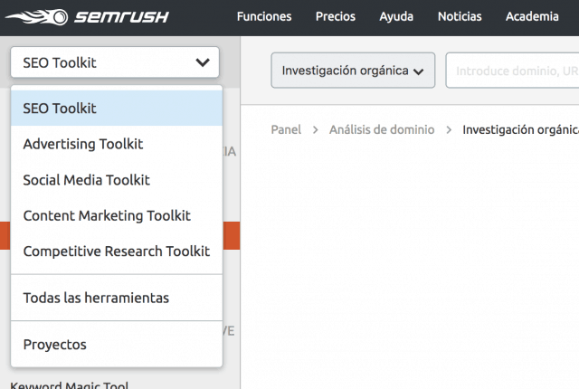 panel de seo semrush