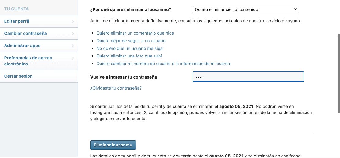 borrar cuenta de instagram 2